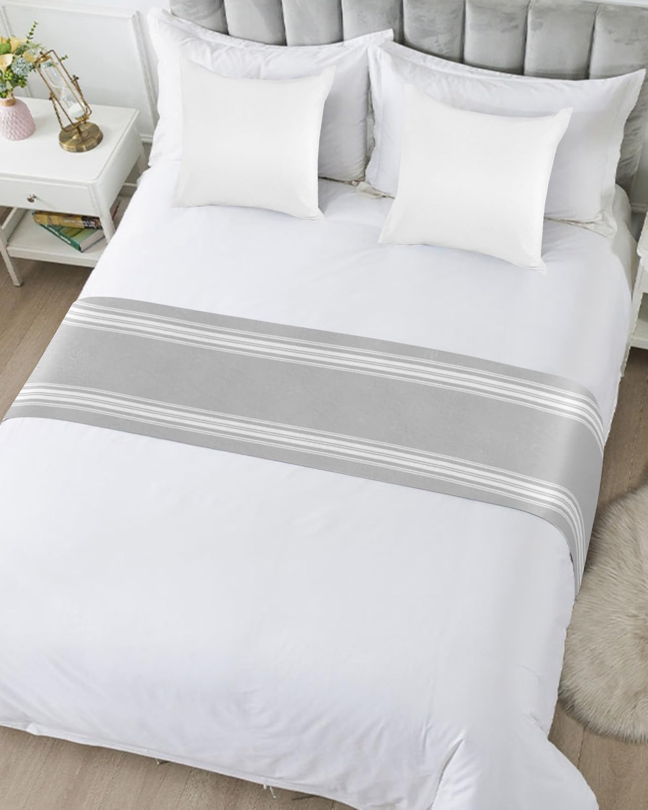 Bed Runner for Queen Size Bed, Grey Striped Bed Scarf Throws for Foot of Bed, Luxurious White Stripes Modern Abstract Art Luxury Bedding Protector Slipcover Bed Runners for Hotel/Home, 83 x 20 Inch
