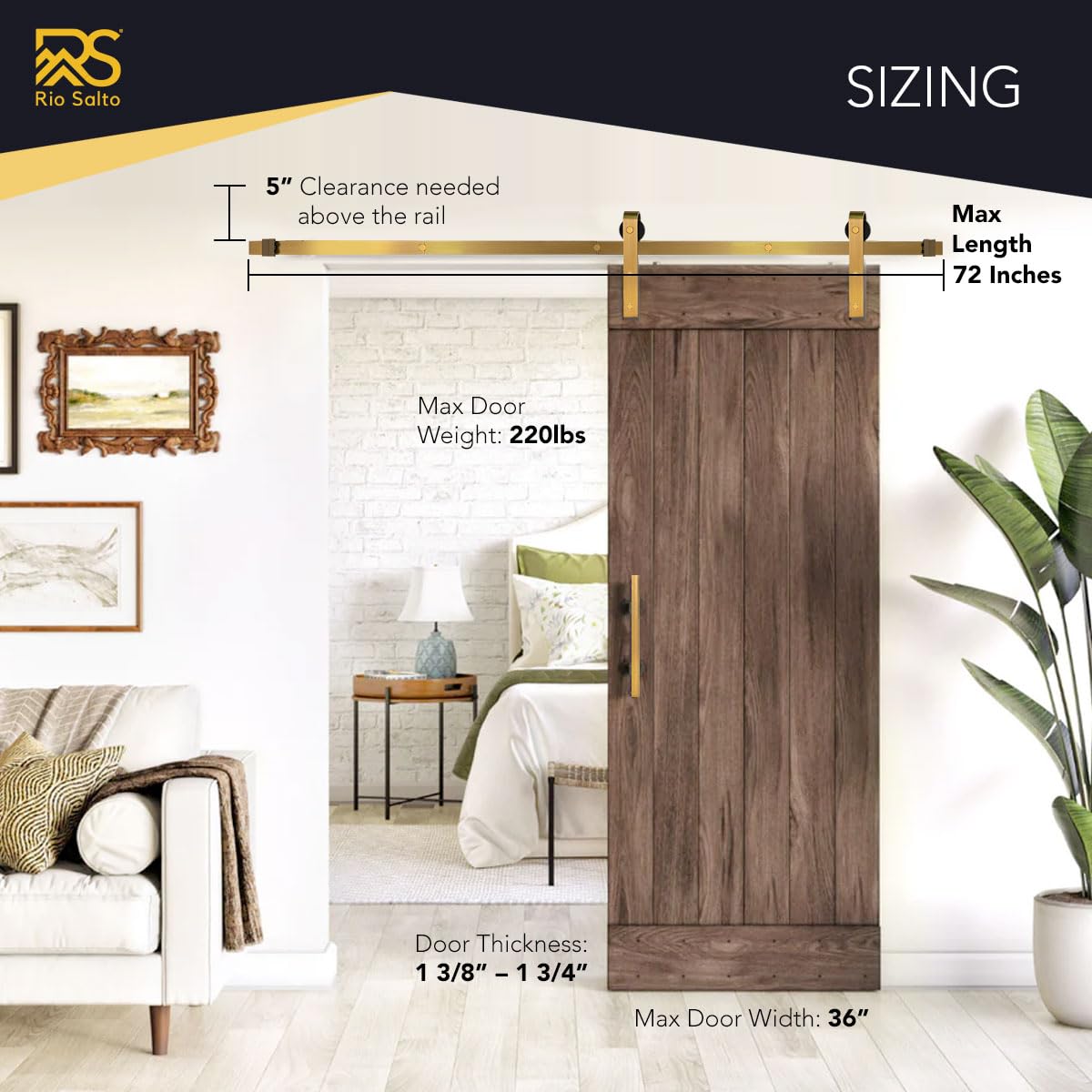 Rio Salto Gold Barn Door Hardware Kit Length up to 6FT Sliding Door Hardware 72in Track Modern Barn Interior Gold Barn Luxury Brushed Brass Panel Hardware for 1 Door - 6ft - NO Door