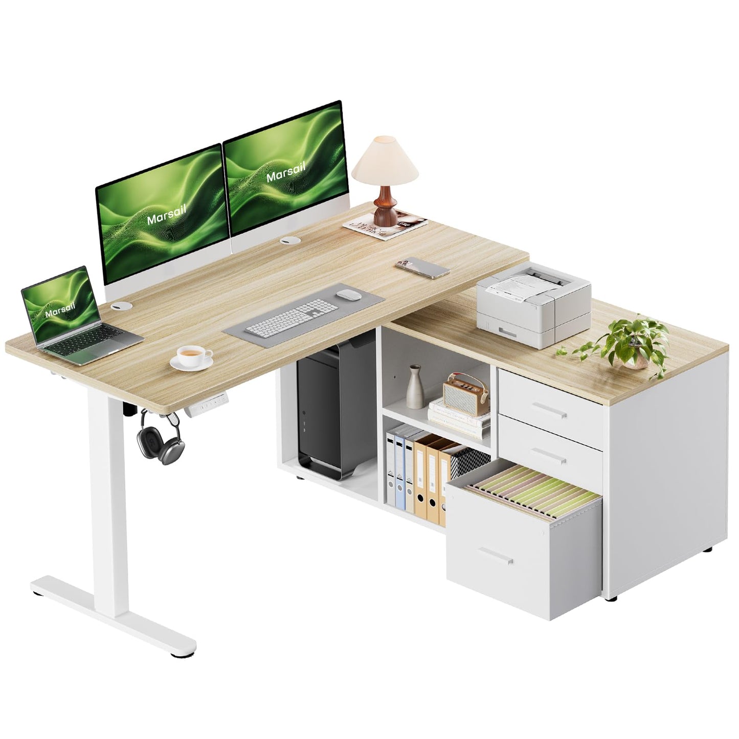 Marsail L-Shaped Executive Standing Desk with File Cabinet, 55" x 24" Electric Height Adjustable Stand up Desk, One-Whole Piece Desktop, Home Office Modern Computer Deskwith 4 Memory Presets