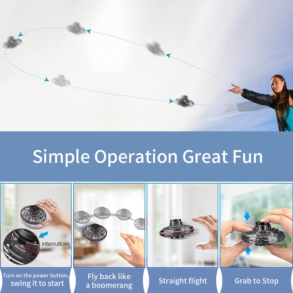 PEKOIU Flying I Fly Spinner, Fidget Spinner Flying Toys, Mini Fly UFO Hand Controlled Boomerang Drone, Cool Stuff Gadgets Gifts for Kids Boys Girls Teens 8 9 10+ Year Old Indoor Outdoor (Black)