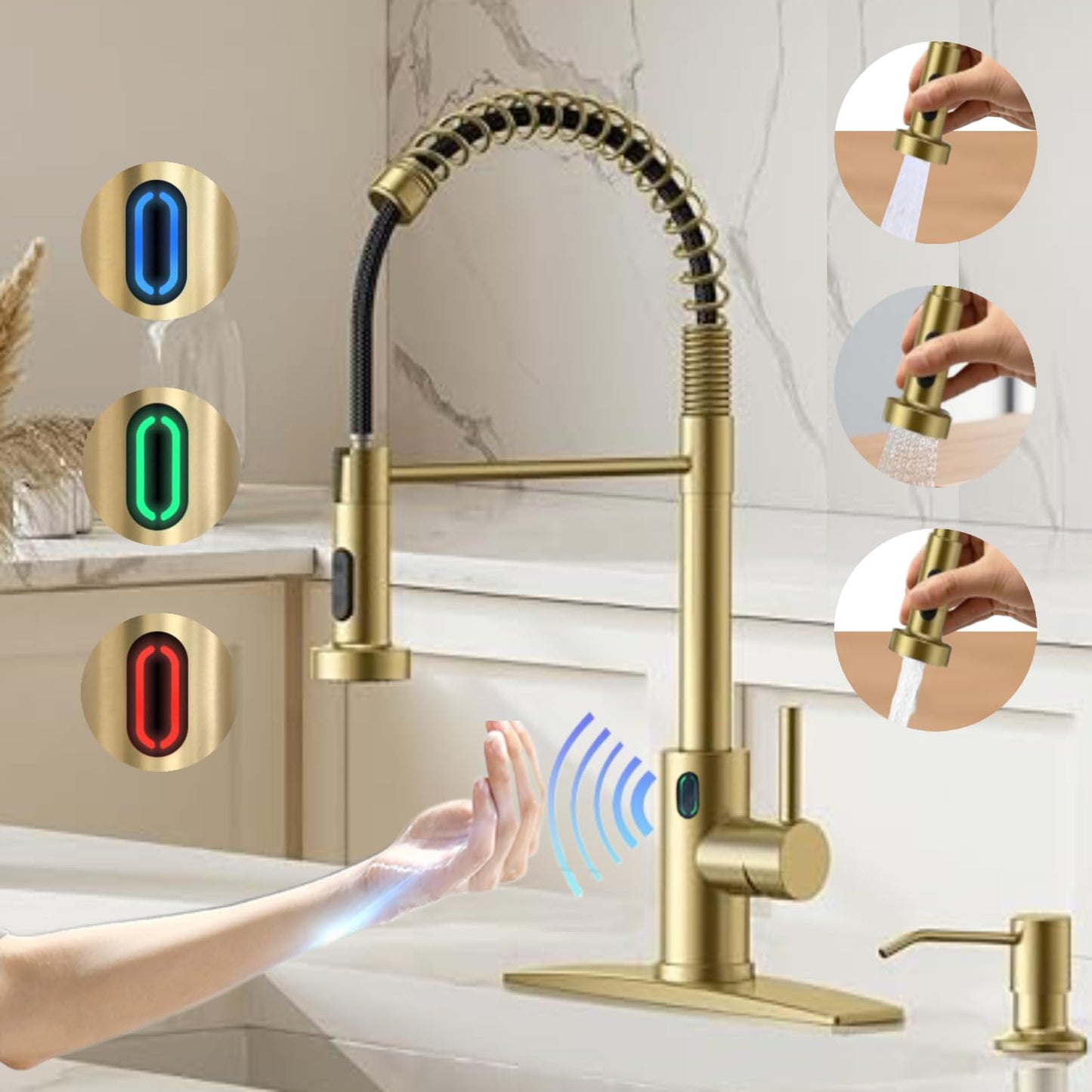 VIDEC Touch-Less Kitchen Faucet, 3 Modes Pull Down Sprayer, Sensor Activated, LED Temperature Control, 360-Degree Rotation, 1 or 3 Hole Deck Plate. 10-Year Warranty.(Matte Gold, KW-79J)