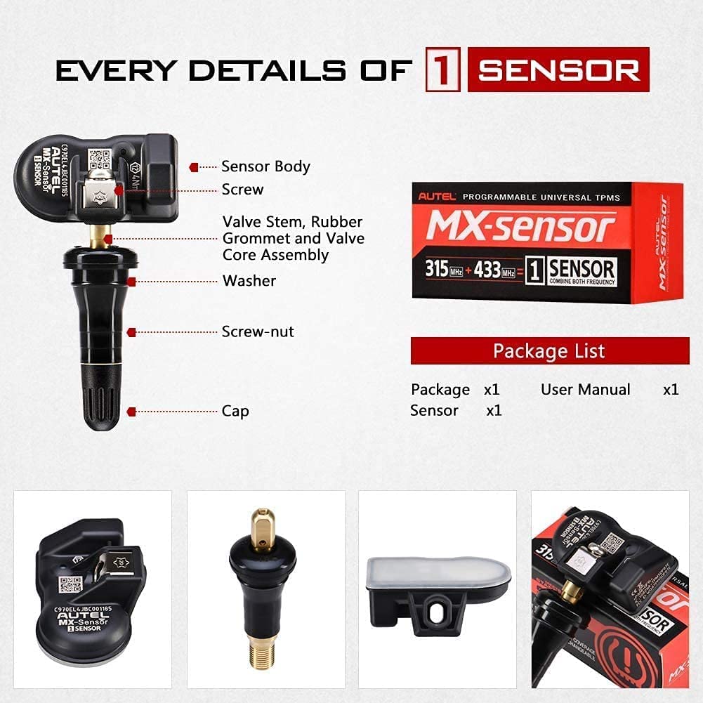 Autel TPMS Sensors Set of 4, Rubber Stem Tire Pressure Sensor, 315MHz & 433MHz MX Sensor, Programmable Tire Sensor Replacement, Work w/ TS408S TS501 TS508WF TS601 TS608 TS900 ITS600 PRO MK808TS