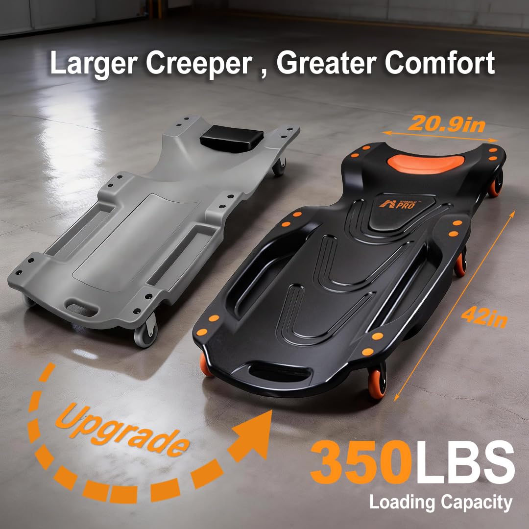 HYDRAULIC PRO 42" Mechanic Creeper with 6 Swivel Casters, Ergonomic Car Creeper with 2 Soft Pads, 350LBS Capacity Low-Profile Design & 2 Tool Trays for Automotive and Garage Repair