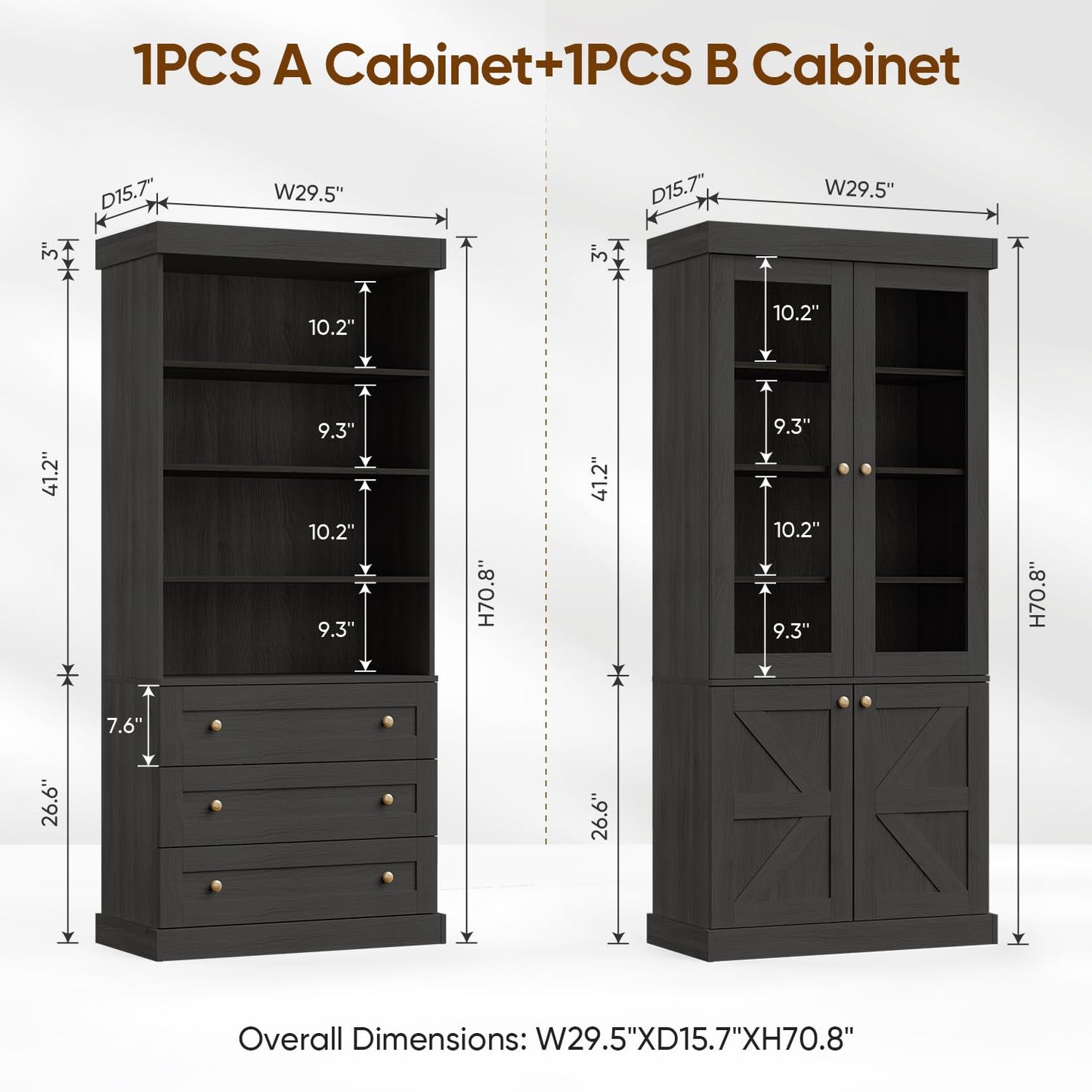 Vyre 71" Tall Farmhouse Kitchen Pantry, Set of 3 Large Storage Cabinets with Glass Doors, Freestanding Wood Hutch Cabinet with 3 Drawers, Adjustable Shelves for Living Room, Dining Room, Black