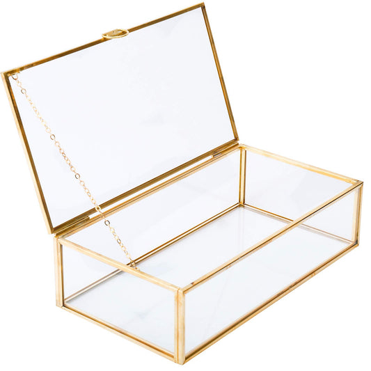 HighFree Vintage Glass Box with Lid - Clear Jewelry Glass Display Box Keepsake Box - Home Decor Decorative Box for Trinket Rings Bracelet (Gold, Medium)