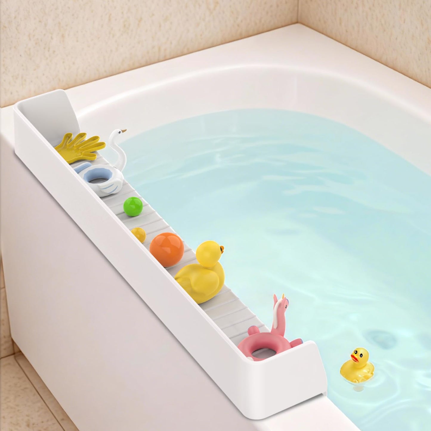 AyNirser Bathtub Splash Guard Play Shelf Over Tub 31” with Strong Suction Cups, Silicone Tub Water Guards Toy Tray Holder No Mess Water Spill in Bathroom-White
