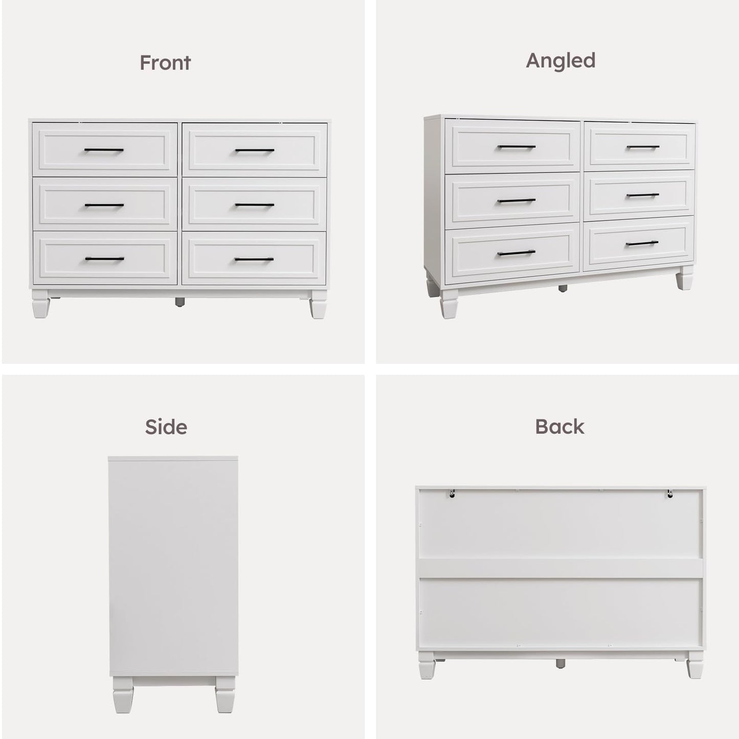BERRY NEST Farmhouse 6 Drawers Dresser for Bedroom, White Dressers with Unique Solid Wood Legs, Modern Wide Chest Dressers for Clothes, Closet, Living Room