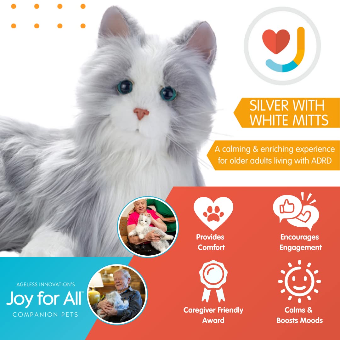 JOY FOR ALL Companion Pet for Seniors - Lifelike Animatronic Cat - Realistic Soft-Touch Fur & Purring - Therapy Stuffed Animal - Toy for Alzheimer's & Dementia - Silver w/White