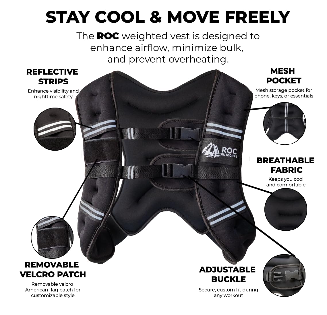 Roc Outdoors Weighted Vest W/ Rub-Free Technology for Woman and Men, 5lb/10lb/15lb/20lb/30lb Weight Vest with Reflective Stripe for Workout, Strength Training, Running, Walking, Fitness, Weight Training, Weight Loss, Weightlifting (Black, 30lb)