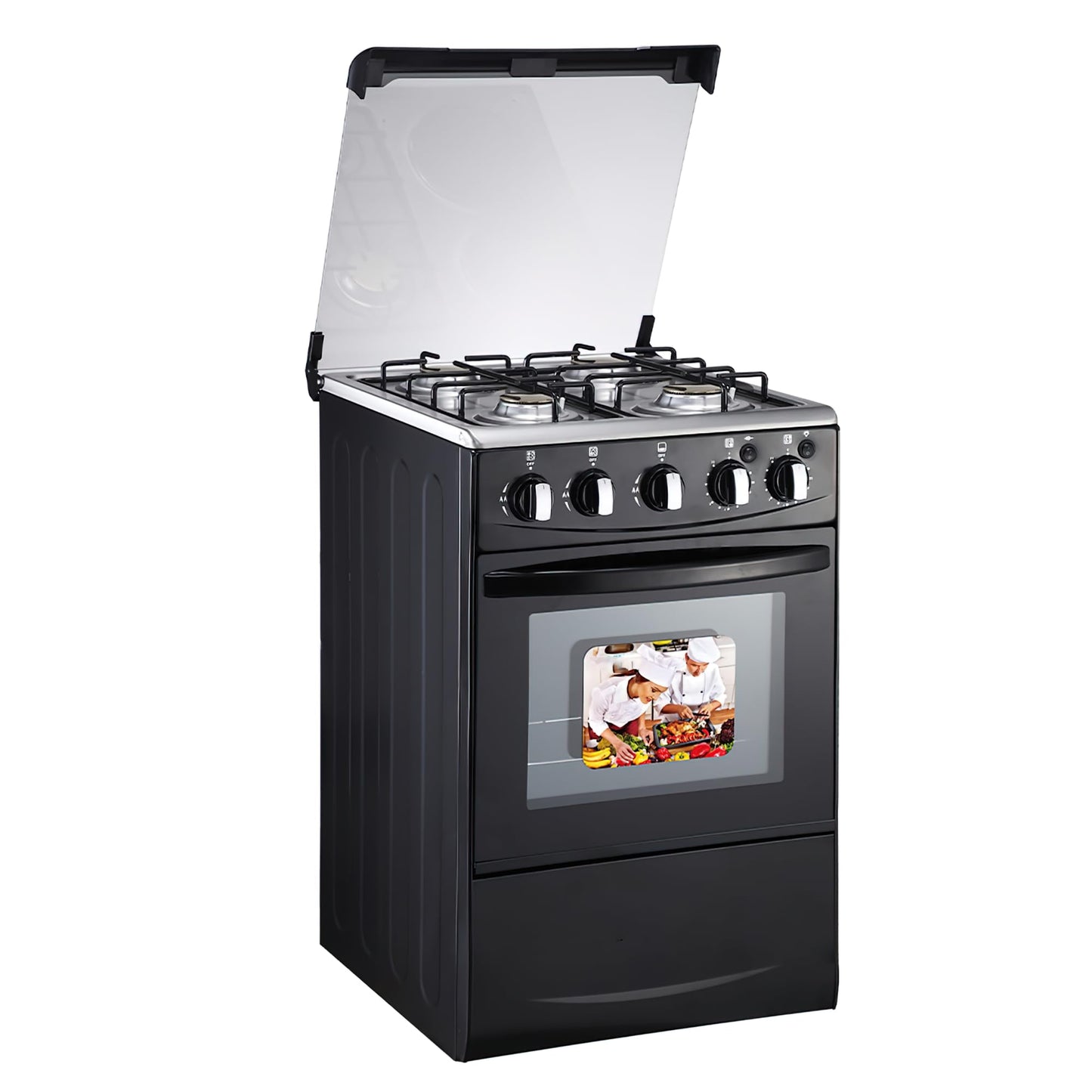 20-inch LPG (Propane) Gas Range, 4-Burner Cooktop with 62L Oven, 201 Stainless Steel, Black Glass Lid, Electronic Ignition, for Kitchen