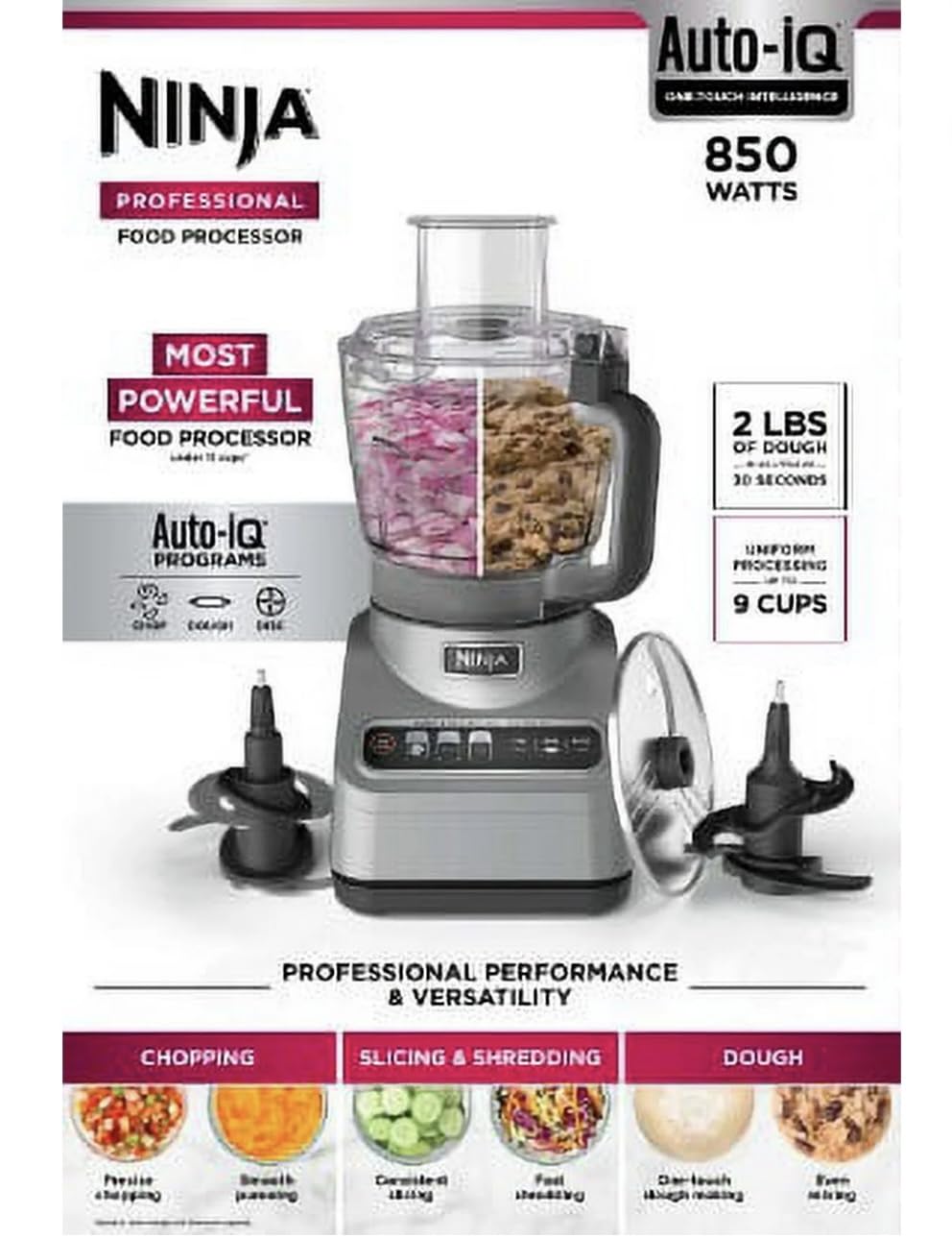 Ninja Professional Food Processor, 850 Watt motor, 9-Cup Capacity, 3 Auto iQ Preset Programs, Powerful dough mixer, Gray (BN600)
