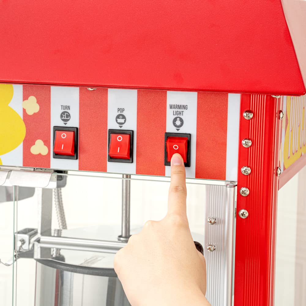 Restaurantware Hi Tek 8 Ounce Commercial Popcorn Popper Machine 1 Electric Popcorn Maker Machine - Popcorn Cart Sold Separately 3-Switch Operation Red Stainless Steel Popcorn Machine 120V