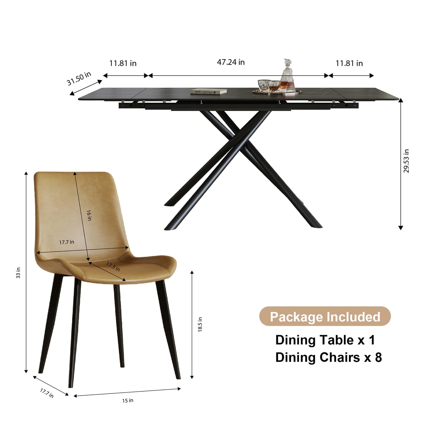 Runboll Extendable Rectangular Dining Table Set for 8, 47"-71" Modern Sintered Stone Kitchen Table with 8 Chairs and Carbon Steel Legs for Dining Room Family Gathering