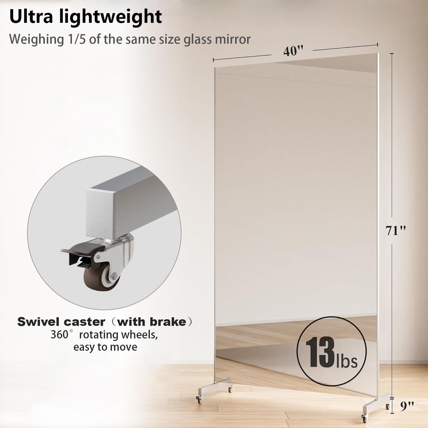 brisafe Full Length Mirror with Wheels, 71'' x 40'', White, Nano Film Surface Without Glass, shatterproof, Safe, Lightweight, only 13lbs Easy to Move and Install, for Home Gym, Dance & Yoga Studios.