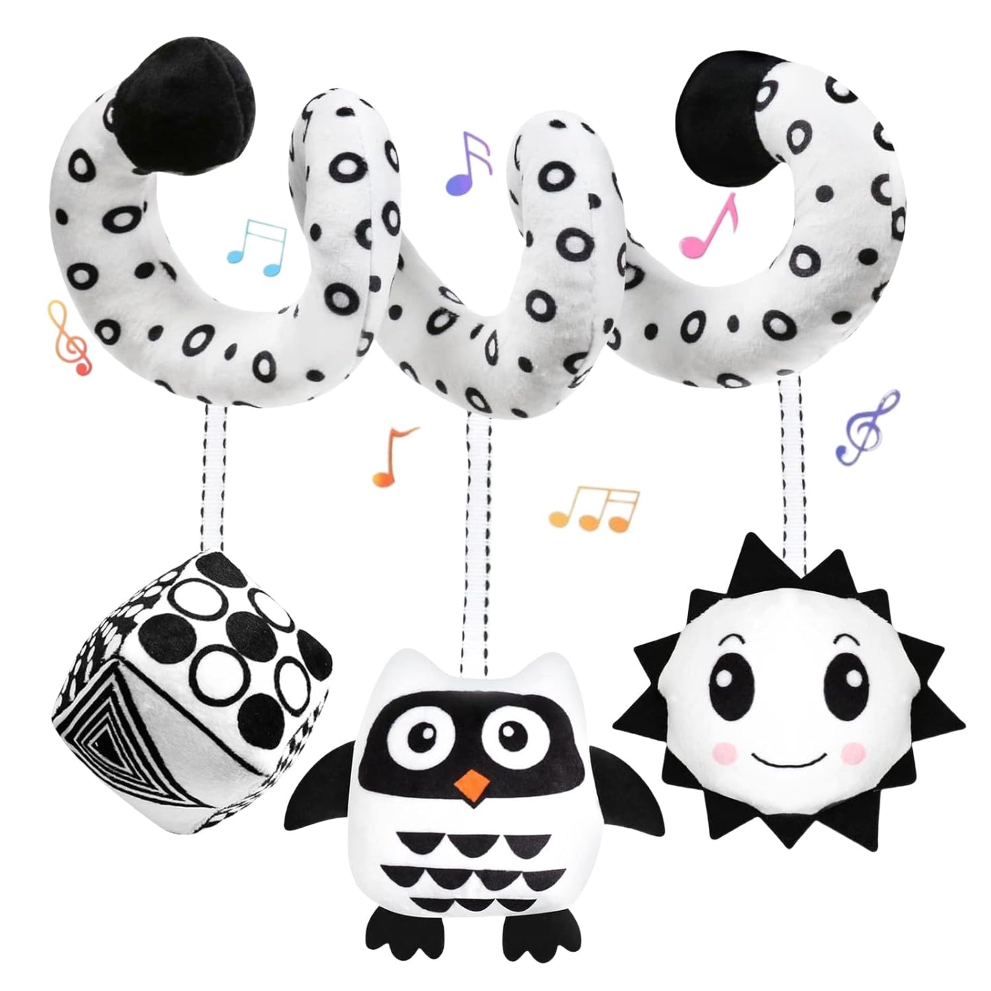 Baby Hanging Stroller and Car Seat Toys High Contrast Baby Toys for Newborn Black and White Sensory Plush Activity Toy for Babies 0-6 Months-OWL