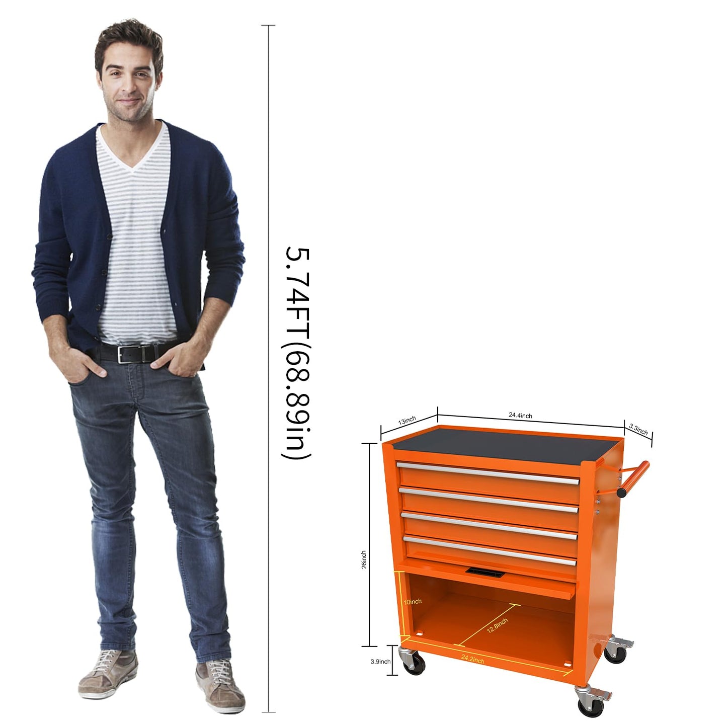 4-Drawer Heavy-Duty Rolling Tool Chest with Wheels, Steel Storage Organizer Cart with Handle, Metal Tool Cabinet for Garage, Workshop, and Repair Shop