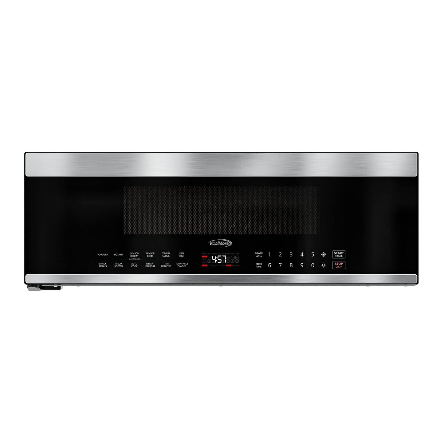 KoolMore 30 Inch Over-The-Range Low Profile Microwave, 1.2 Cu. Ft. Built-in, 10 Power Levels, 13.5” Glass Turntable, 1000-Watt Power, Advanced Air Vent, and Heat Circulation (KM-MLPOT-1SS)
