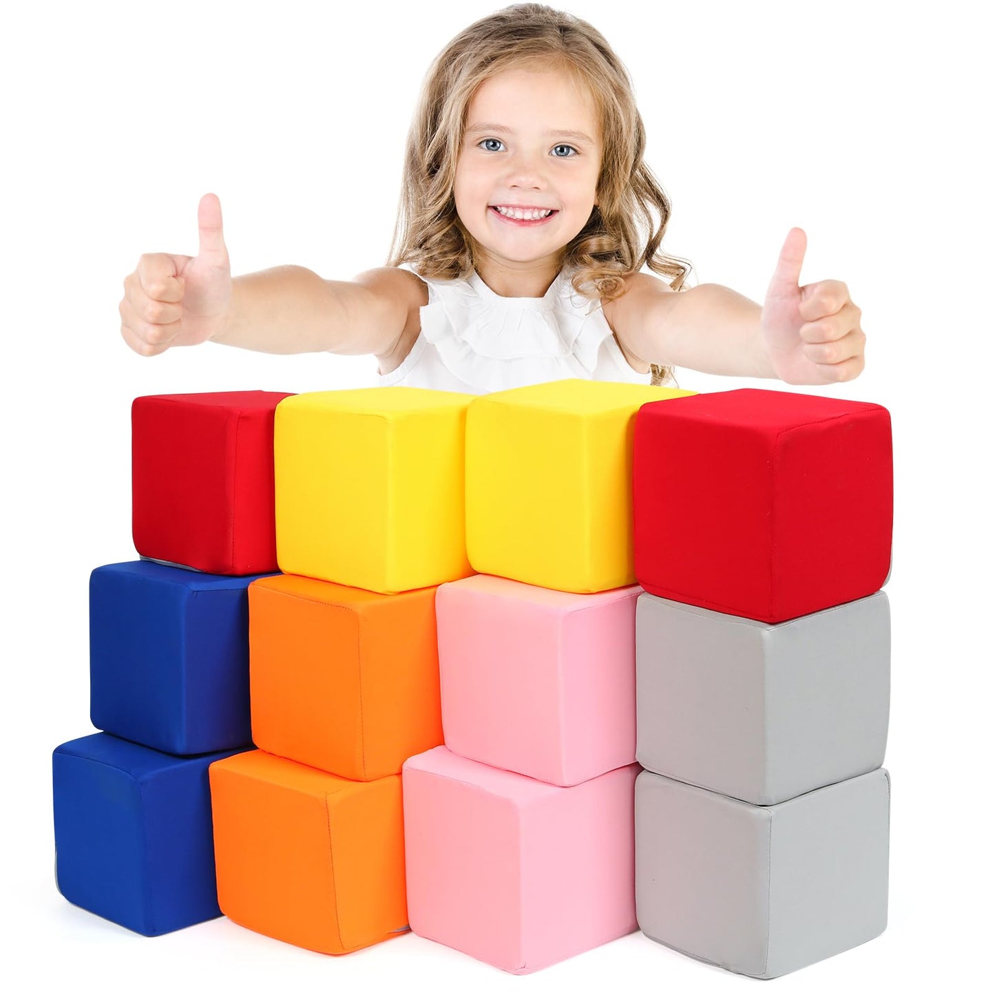 Foam Blocks for Toddlers, 12 Pieces Soft Building Blocks for Kids, Large Foam Cubes Colourful Stacking Block Sets - Throw & Play Toys with Washable Cover(Pink, Dark Blue, Yellow, Orange, Red, Gray)