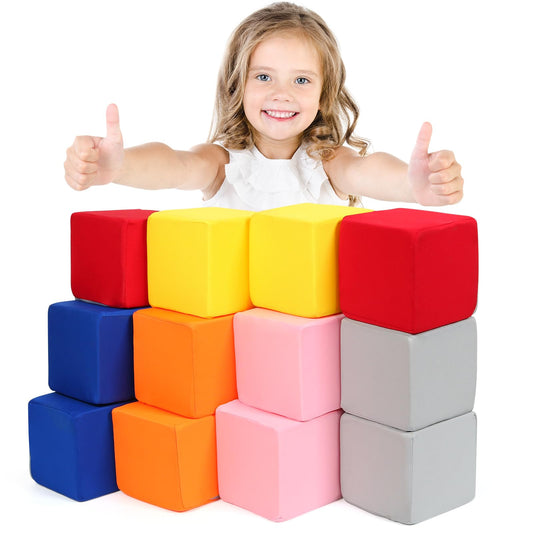 Foam Blocks for Toddlers, 12 Pieces Soft Building Blocks for Kids, Large Foam Cubes Colourful Stacking Block Sets - Throw & Play Toys with Washable Cover(Pink, Dark Blue, Yellow, Orange, Red, Gray)