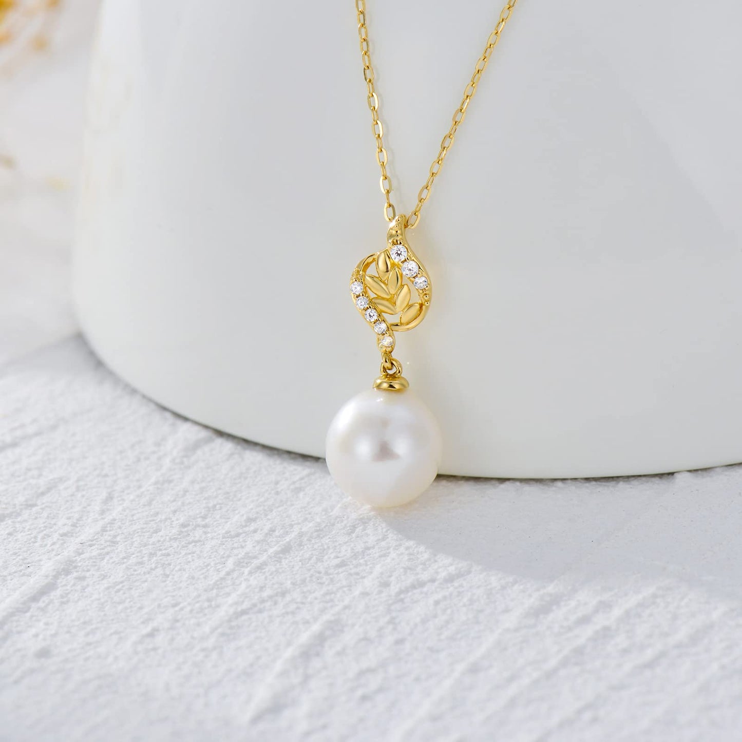 10k Gold Diamond Pearl Necklace and Dangle Earrings for Women, 10kt Gold Jewelry Set for Her