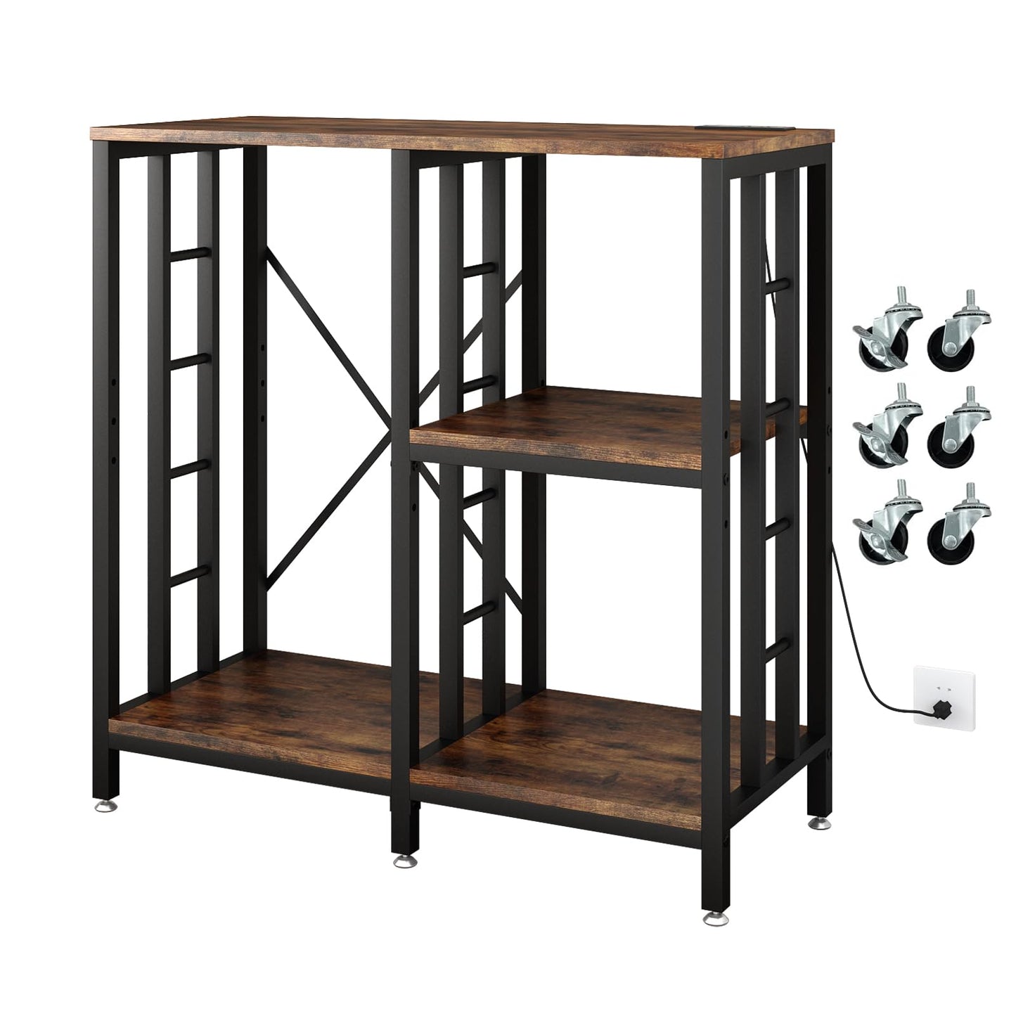METYERRY Adjustable Kitchen Bakers Rack with Power Outlet,4-Tier Microwave Stand Kitchen Cart,Mini Fridge Stand with Storage,Bar Cabinet,Suitable for Office,Coffee Bar,Living Room,Patio,Rustic Brown