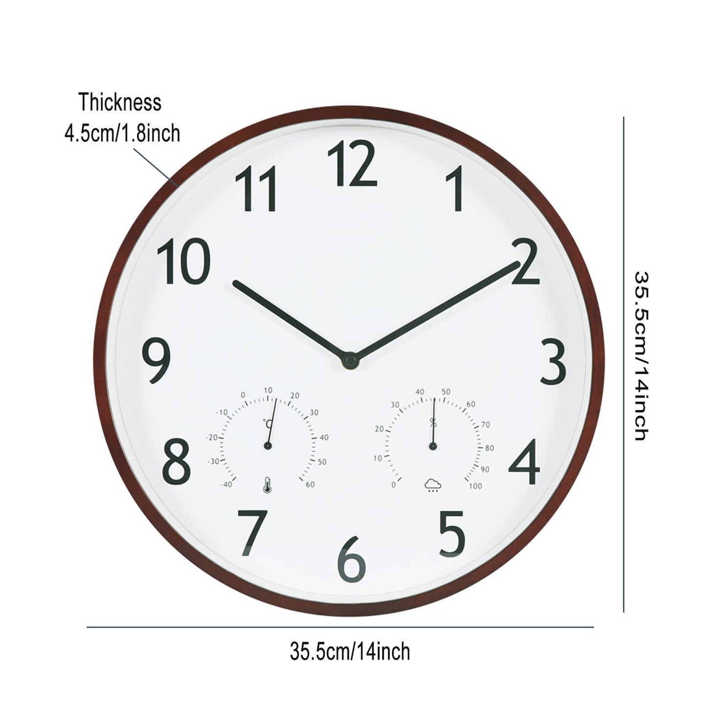 Wood Wall Clock, 14" with Thermometer Digital Clock, Household Arabic Numerals Non-Ticking Decorative Wall Watch Battery Operated Mute Movement for Living Room Bedroom Office School Hotel