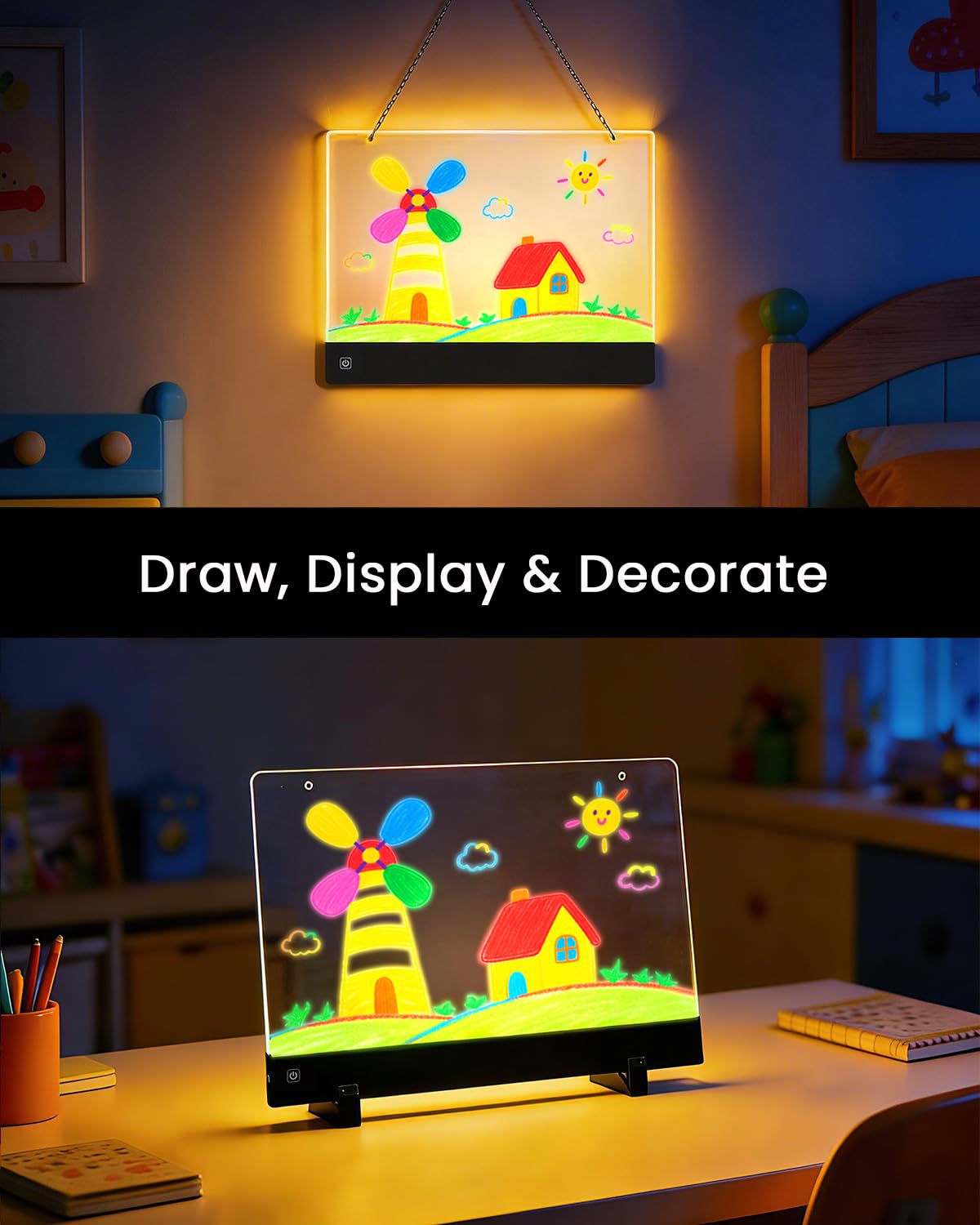 LED Drawing Board for Kids, 13" Rechargeable Light Up Drawing Pad, 72H Battery, Neon Art Dry Erase Doodle Glow Note Board with 5 Tracing Papers, 7 Markers, Kids Toy Birthday Gift for Boys Girls 3-12