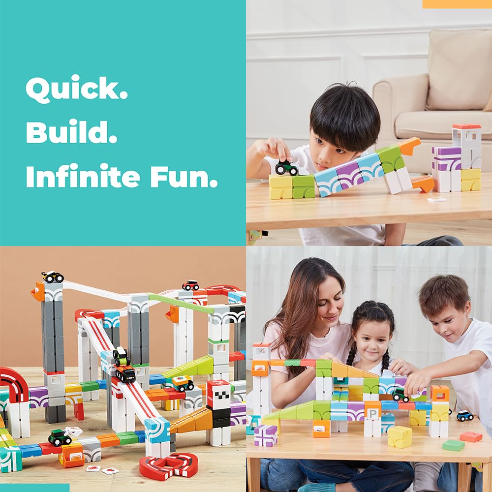 QBI STEM All-in-1 Toy Set with 5 Cars & 3D Tracks | Open Ended Educational Sensory Magnet Cubes | Montessori Toys, Magnetic Building Blocks for Boys & Girls (49 Pieces)