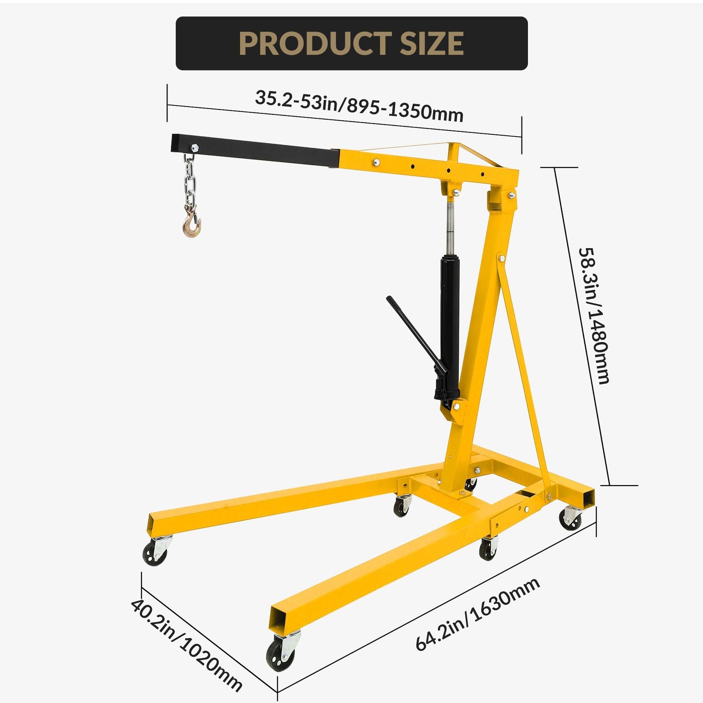 2 Ton Hydraulic Engine Hoist Cherry Picker, 4400LBS Heavy Duty Engine Lift Hoist, Foldable Hydraulic Shop Crane w/Telescopic Boom & 6 Swivel Casters for Auto Repair, Garage, Workshop, Yellow