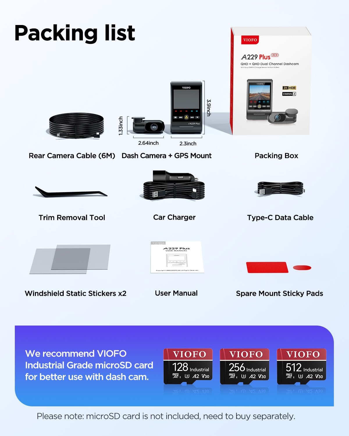VIOFO A229 Plus Dash Cam Front and Rear, Dual STARVIS 2 Sensors, 2 Channel HDR, 1440P+1440P Voice Control Car Dash Camera, 5GHz Wi-Fi, Voice Control, Ultra-Precise GPS