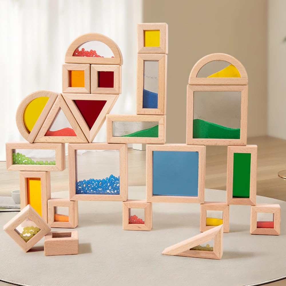KAXCOT Rainbow Sensory Stacking Toys, Stem Education Building Block Set, 23 Wooden Beads, Fine Sand Sound Building Blocks, Toddlers, Infants, Children, Colorful Geometric Stacking Toys