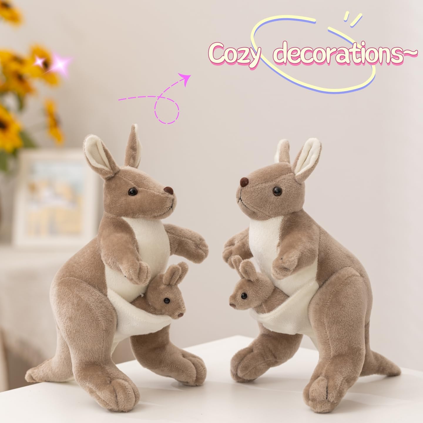 unsnurnoch 9.84" Kangaroo Plush Toy with Baby Joey, Cute Stuffed Animal Doll, Soft Cuddly Kangaroo Mom and Baby, Perfect Birthday for Kids, Friends, Home Decoration