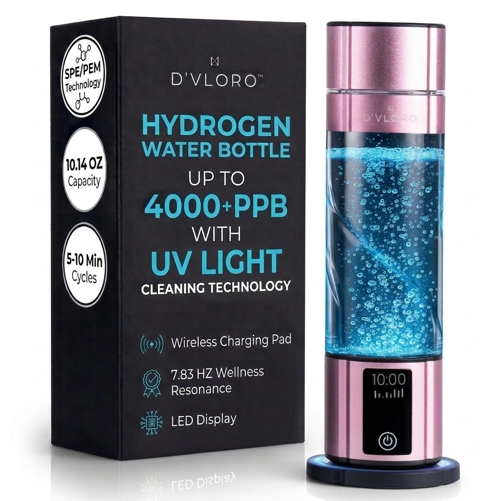 Wellness Frequency Hydrogen Bottle - Up to 4000+ PPB with UV Light Cleaning Technology and Wireless Charging Pad - Electric Water Bottle - Featuring 10 OZ Portable Capacity - SPE PEM Tech