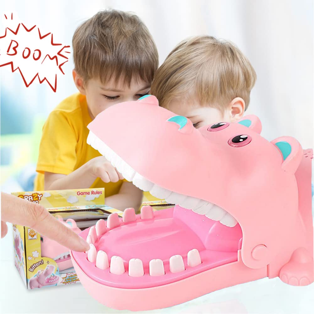 Watris Veiyi Portable Cartoon Hippo Mouth Toy with Teeth, Hippo Dentist Kid Toy for Playing&Training, Hippo Gags Joke Toy, Bite Finger Board Game Kids Toys for Parent-Child Activities