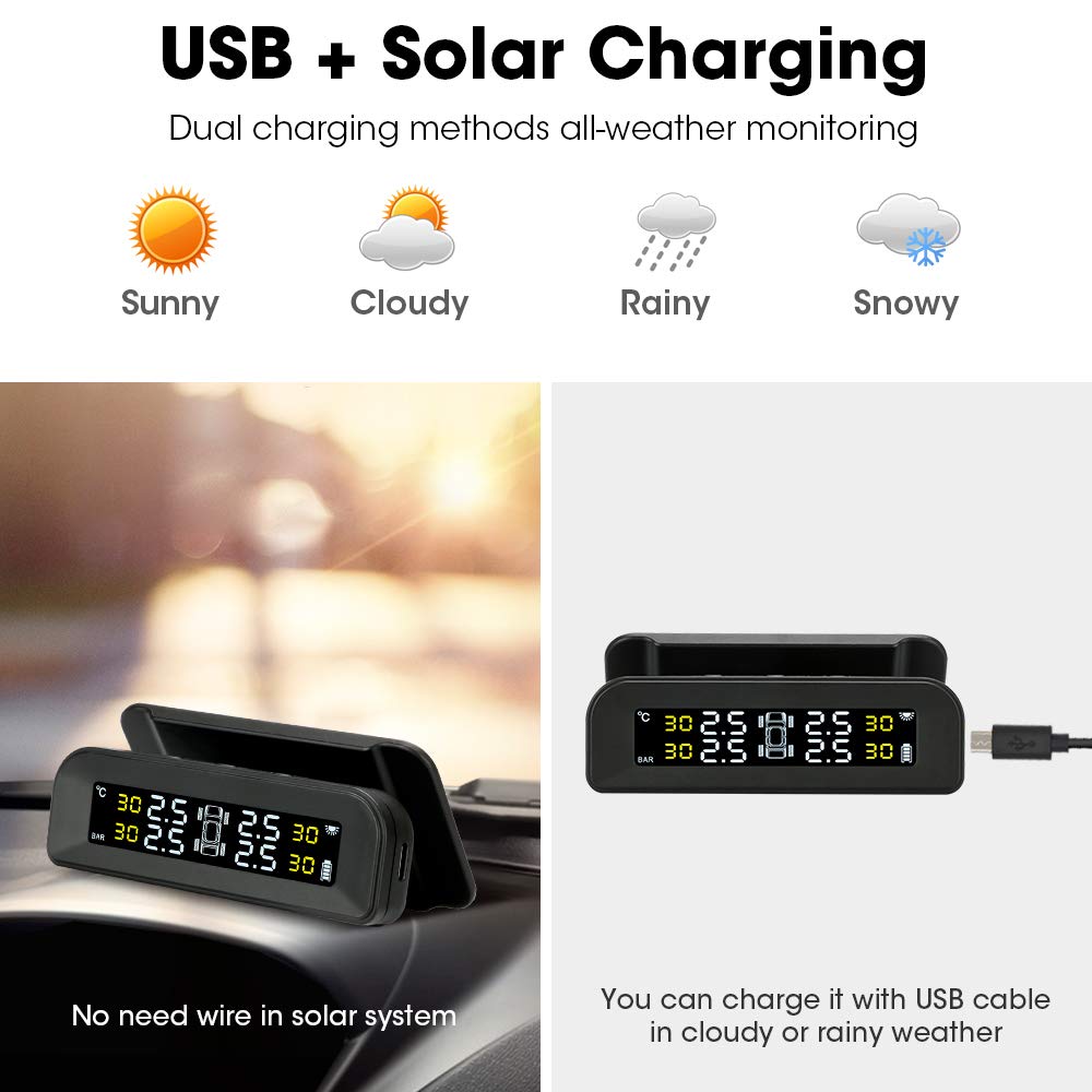 Tire Pressure Monitoring System Wireless Solar TPMS, Tire Pressure Monitor Installed on Windowshield with 4 External Sensors Real-time Display Temperature Pressure 22-87 PSI for Car RV SUV MPV Sedan