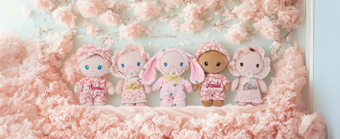 LeyaDoll Soft Baby Doll Set for Toddlers - Personalized Plush Doll Toys with Bassinet, Blanket and Bottle, First Baby Doll Accessories (9'') for Girls Pretend Play and Sleeping Cuddle - Cherry Baby