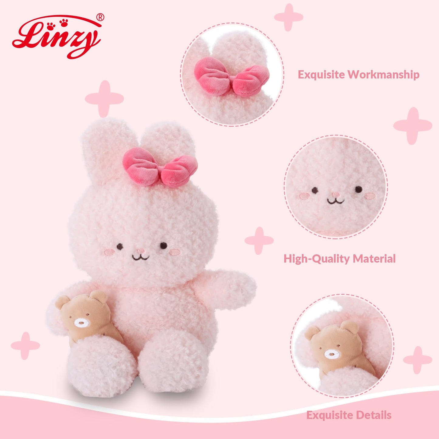 Linzy 10” Bowtie Bunny Stuffed Animal Holding Bear, Soft Pink Plush Toy for First Day of School, Birthday, Christmas, Valentine’s Day & Holidays, Plushie for Girls, Toddler, Kids & Women