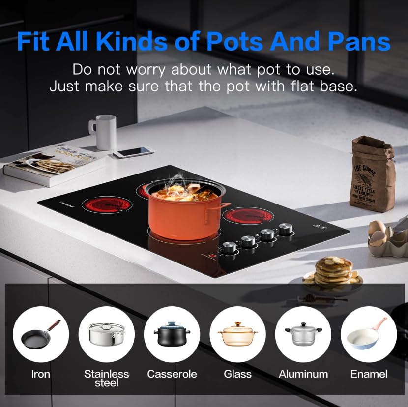 AMZCHEF 30 Inch Electric Cooktop, Built-in with 4 Burners Max 7000W with 30" Glass Ceramic Cook Top,Knob control, Hot Surface Indicator,220V - 240V Hard Wire, No Plug