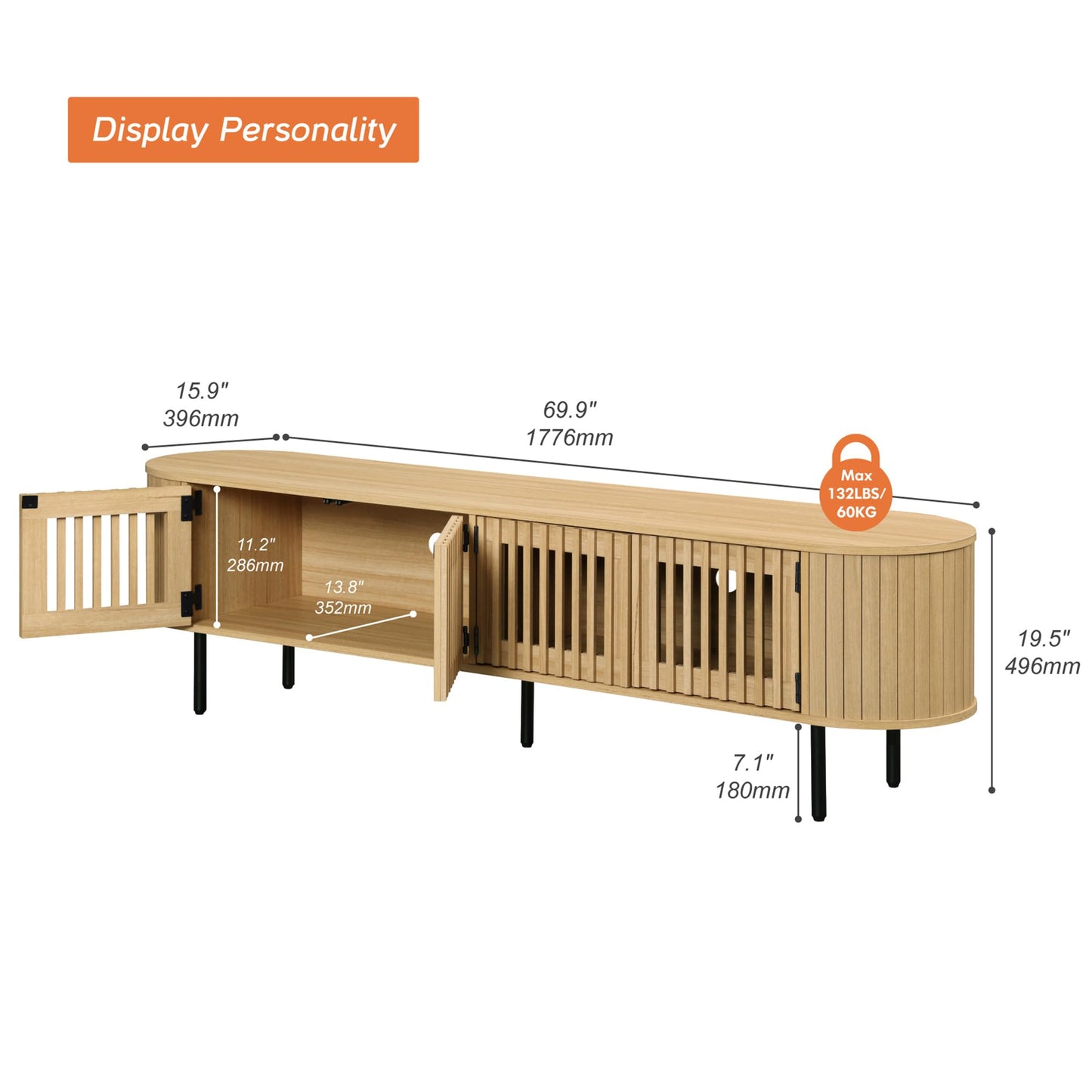 WAMPAT Fluted TV Stand,Wood Media Console for TVs up to 75”,Curved Round Edge Entertainment Center with Pop-Up Doors and Storage for Living Room Bedroom,Natural Oak