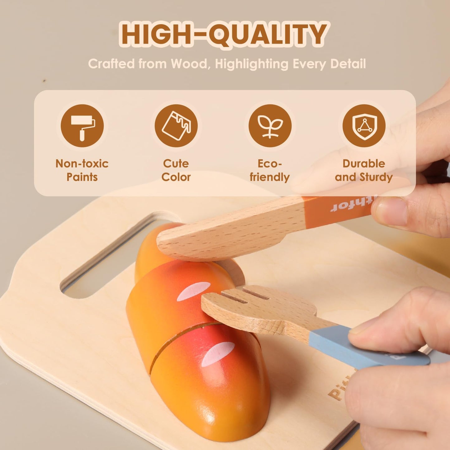 Pithfor Picnic Playset, Wooden Play Food Set for Kids Kitchen, Cutting Pretend Play Kitchen Food Toy for Toddlers Girls Boys 3 4 5 Years Old