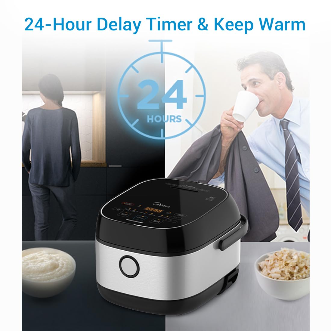 Midea 3L Rice Cooker with Steamer Basket, 6-Cup Uncooked Capacity, Induction Heating & Fuzzy Logic Technology, 24h Delay Start & Keep Warm, Non-Stick Inner Pot