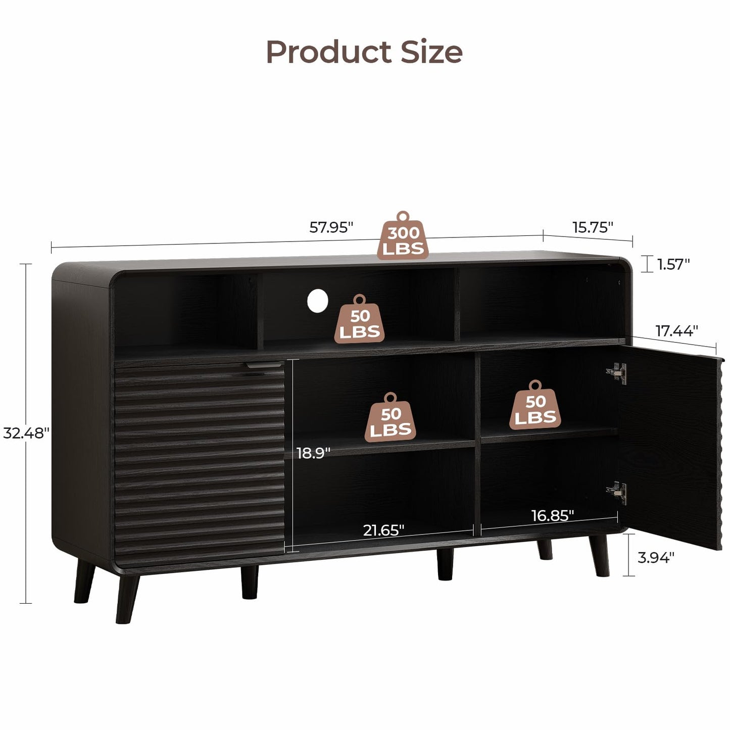 Lefurture 58 Inch Buffet Cabinet with Storage, Curved Buffet Sideboard w/2 Wave Doors, Open Storage Shelf, Adjustable Shelves, Wooden Coffee Bar Cabinet for Kitchen, Living Room, Black