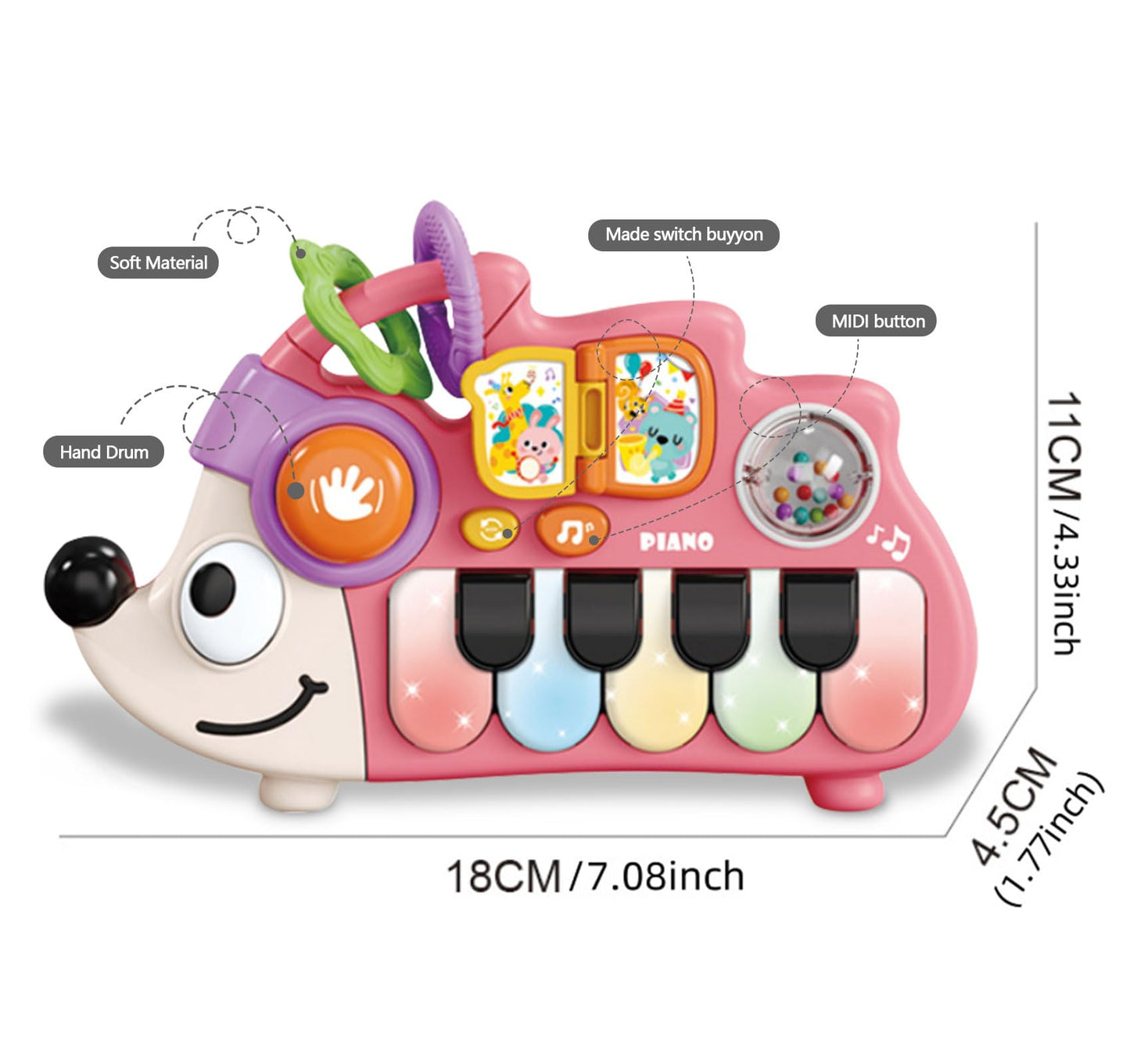 Baby Musical Piano Toys for Toddler age1-3, Busy Board with Music & Light, Birthday Toy for Infant Toddler 1-3 Years and Older Boy Girl Gifts (Pink-Hedgehog)
