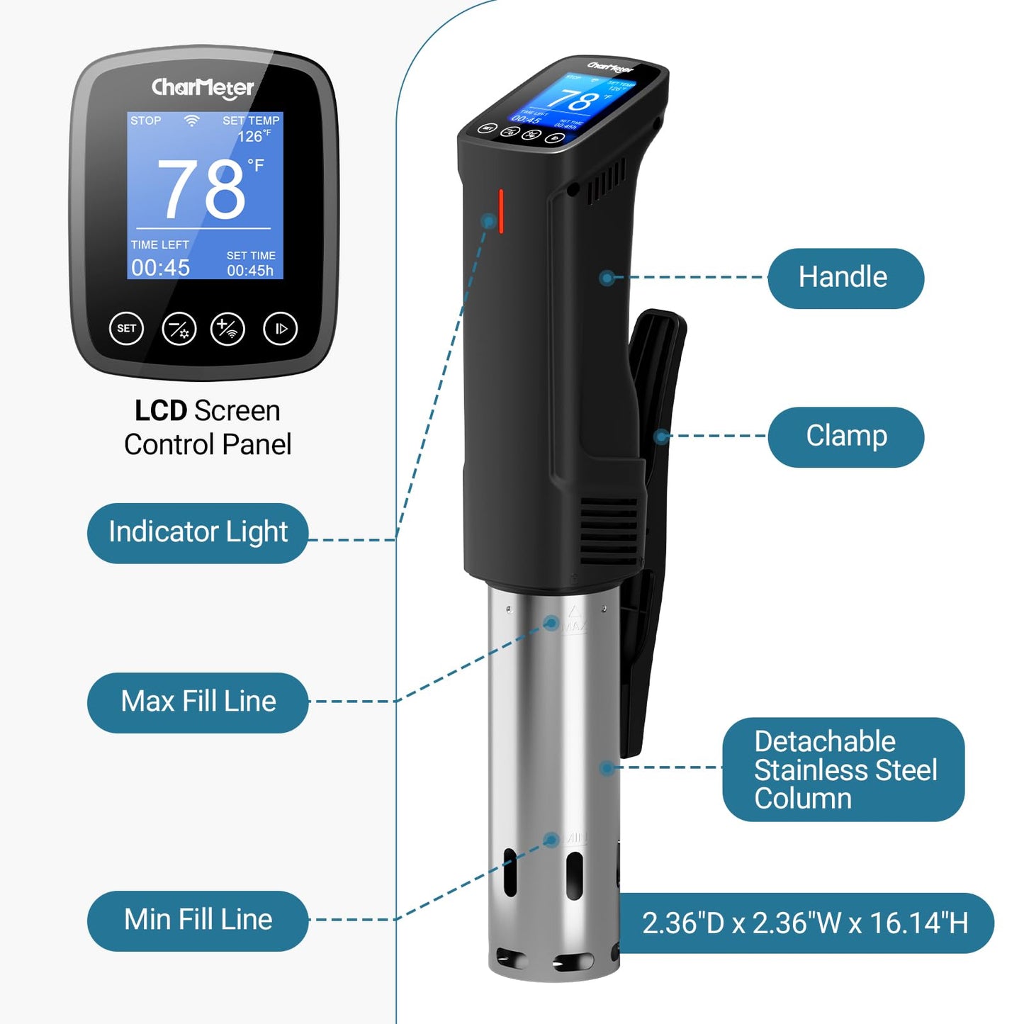 CharMeter Wifi Sous Vide Cooker 1000W, Ultra Quiet Immersion Circulator with Water Level Alarm, App Control with 14 Preset Recipes, Calibration & Timer Function,Fast/Stable Heating with Shared Control