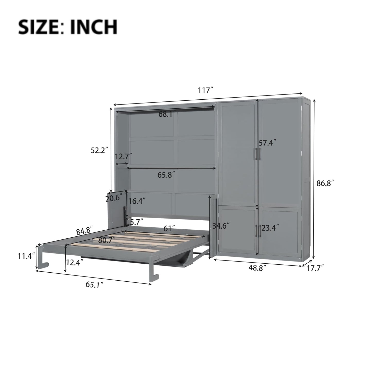 Merax Queen Size Murphy Bed Wall Bed with Closet and Wardrobe Storage for Bedroom,Gray