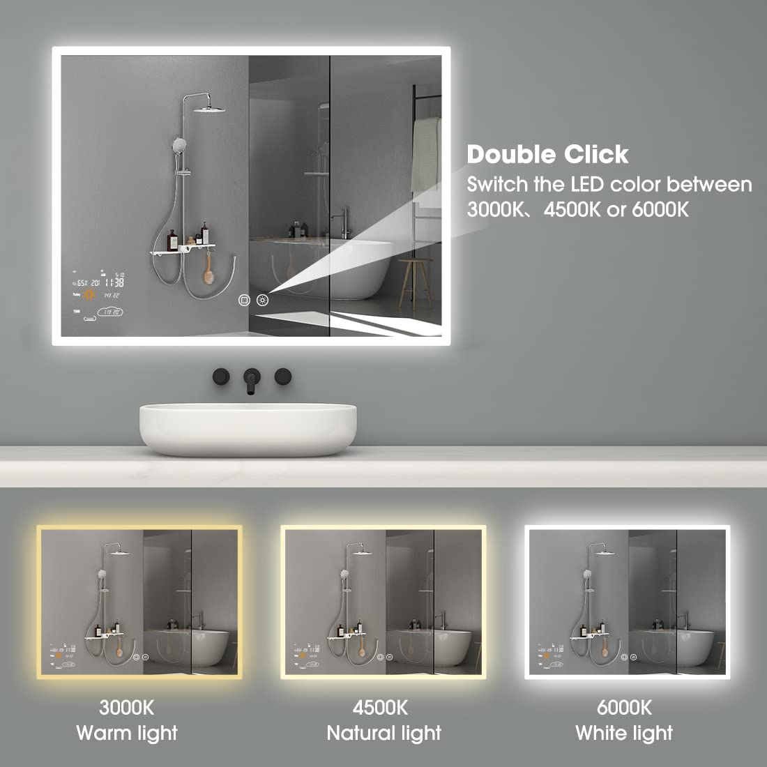 Evokor 32 x 24 Inch Led Smart Bathroom Mirror with Lights, Anti Fog Lighted Vanity Mirror with Weather Time Wall Mounted, White/Warm/Natural Light Dimmable, CRI92, IP54 Waterproof (Horizontal)