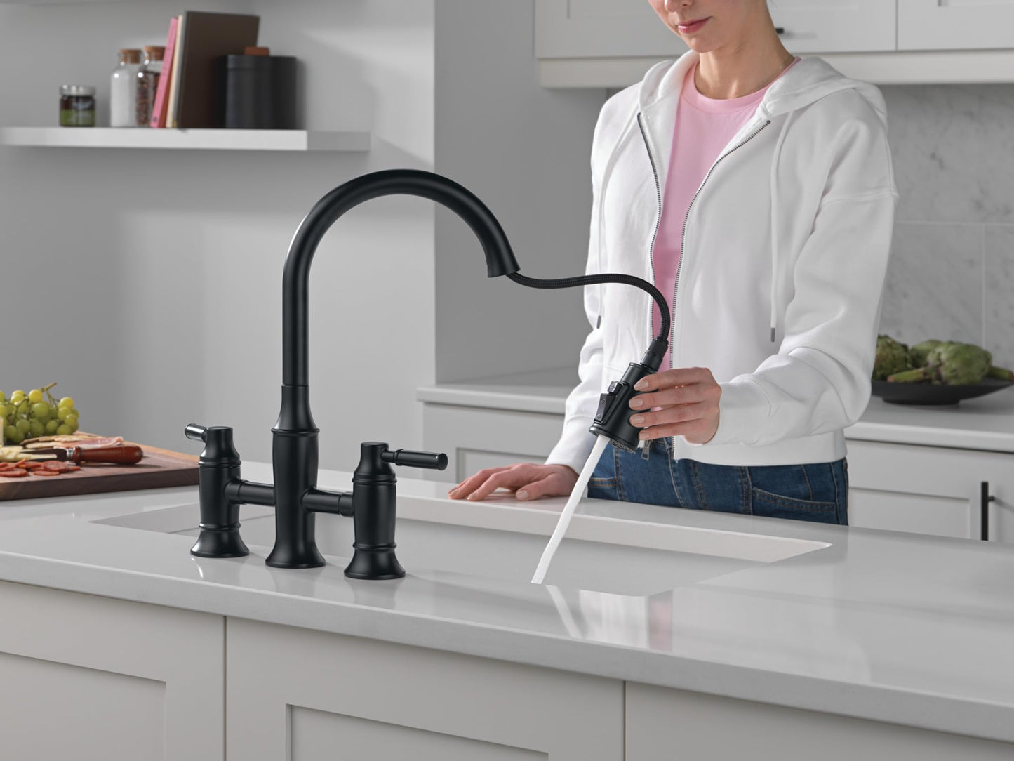 Delta Renaldi Matte Black Kitchen Faucet with Pull Down Sprayer, Bridge 3 Hole Modern Kitchen Sink Faucet, Two-Handle, Matte Black 2384L-BL-DST