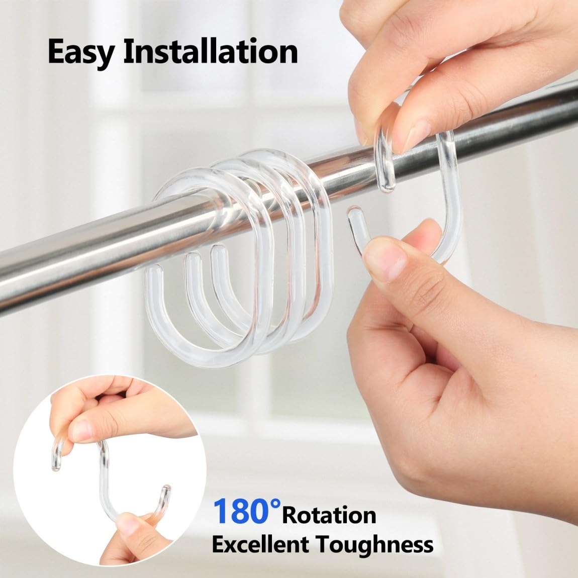 Resze 24 PCS Shower Curtain Rings, Plastic Clear Shower Curtain Hooks, C-Shaped Rings Hook Hanger Bathroom Shower Window Rod