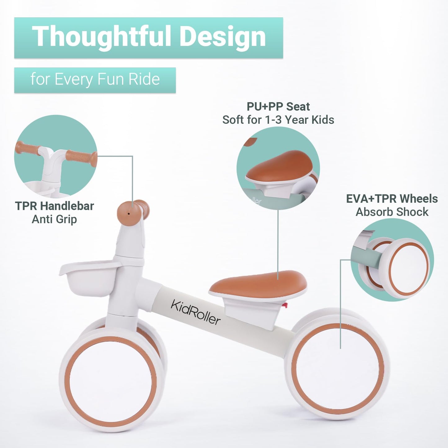 KidRoller Kid's Balance Bikes for 1 Year Old Boys and Girls, 12-24 Months Toddler Ride-on with Adjustable Seat and a Front Basket, First Birthday Gifts (White)