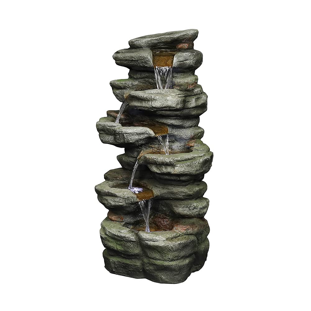 Naturefalls 30.7inches Outdoor Water Fountain - 6-Tiers Rock Waterfall Fountain with Led Lights for Home Garden Decor